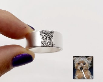 Custom Pet Photo Engraved Ring: Sterling Silver Pet Memorial Jewelry