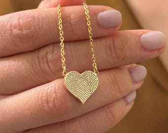Custom Fingerprint Engraved Heart Necklace/ Pet Nose print Engrave/ 14k Gold Memorial Gift