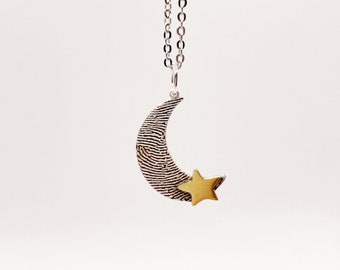 Custom Fingerprint Necklace/Moon Star Necklace/Personalized Fingerprint Necklace/Custom Handwriting Necklace/Gift for her/Mothers day gift
