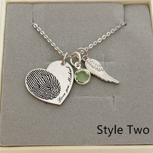 Heart Necklace/Birthstone Necklace/Fingerprint Necklace/Custom Engrave Necklace/14k Gold Necklace/Perfect Gift for her/Angel Wing Charm