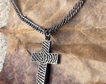 Custom Fingerprint Necklace for men/ Personalized Cross Necklace/ Sterling Silver Retro Charm