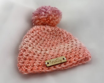 Pink and peach baby hat, 0-3 months, beanie baby hat, toque baby hat, layette gift, baby shower gift, baby girl hat