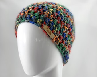 Crochet rainbow and grey coloured and messy bun or ponytail hat