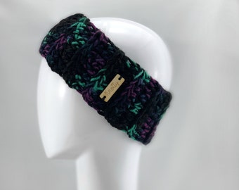 Headband black, teal and purple unisex ear warmer or ski band crochet