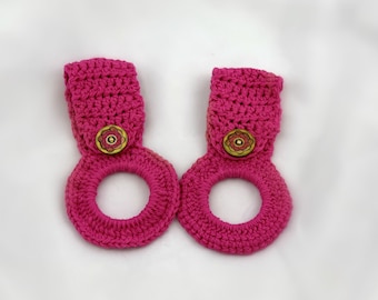 Set of pink kitchen dish cloth holders / kitchen dish towel holders for a horizontal handle, set of two in pink cotton with flower button