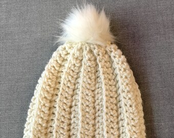 Soft white childs toque with pom pom, kids ribbed beanie with faux fur pom pom