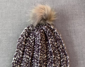 Childs purple and grey toque with pom pom, kids beanie with faux fur pom pom