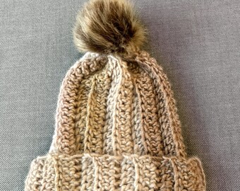 Baby and Child's brown toque with pom pom, crochet alpaca and acrylic mixed cream and brown with faux fur pom pom