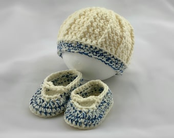 Boy baby hat and booties set, cream and blue baby gift set, 0 to 3 month baby shower gift set