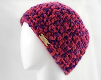 Crochet pink fushia and purple messy bun or ponytail hat