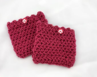 Boot cuffs, boot toppers, ankle warmers in hot pink fushia with flower button