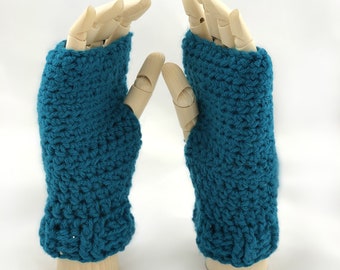 Fingerless mitts, blue fingerless gloves with ribbed cuffs