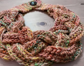 Unique homespun wool and silk braided scarf, crochet braided cowl