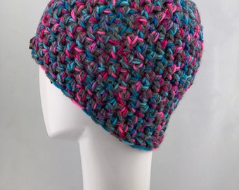 Crochet grey pink and blue messy bun or ponytail hat