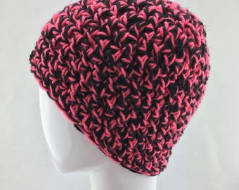 Crochet black and pink messy bun or ponytail hat