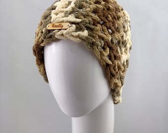 Extra warm and soft cream and brown coloured extra warm beanie or toque, teen to adult size