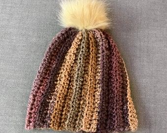 Childs toque with pom pom, brown and purple kids toque with faux fur pom pom