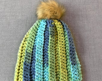 Childs toque with pom pom, blue and green with faux fur pom pom beanie