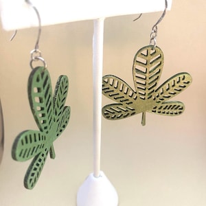 Leaf statement earrings hand painted wood green metallic