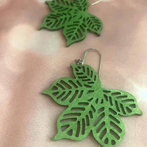 Leaf statement earrings hand painted wood green metallic