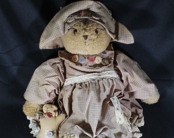 Antique Handmade Hand Sewn Teddy Bear Stuffed Animal Doll with Smaller Teddy Bear & Victorian Clothes