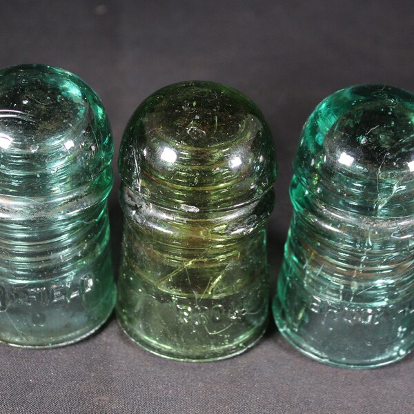 Set of 3 Green Glass Brookfield Telephone Line Insulators