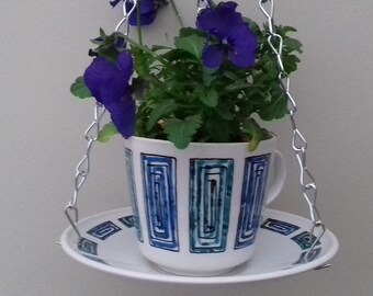 Funky ceramic indoor or outdoor tea cup hanging basket/planter.  Made from Ridgway china tea cup and saucer, &quot;Ondine&quot; design.