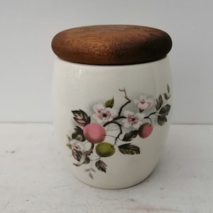 Gorgeous Sandland Ware, Staffordshire, porcelain marmalade/preserve/jam pot. Wooden Lidded jar. Apples and blossom.