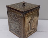 Antique 19th Century Repousee Brass Tea caddy or humidour with Arabic designs and sailing ship at sea.