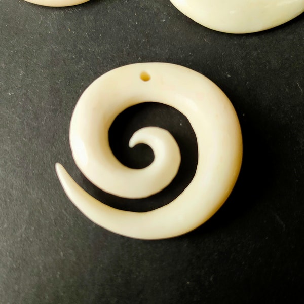 Hand Carved 1 1/4" bone Koru Spiral pendant. Traditional Maori surfer charm for bracelet or necklace. Drilled, Jewellery making Supplies