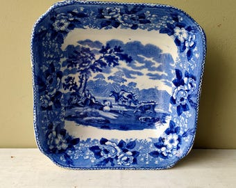Gorgeous antique Adams square serving dish in the Cattle Scenery Pattern. Classic Blue and White transferware bowl. Lovely gift.