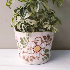 Puede incluir: Una maceta de cerámica blanca con un diseño floral en tonos rosa, verde y marrón. La maceta tiene un borde festoneado y un asa a cada lado. Una planta verde con hojas variegadas está creciendo en la maceta.
