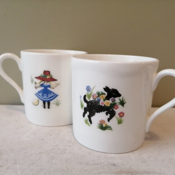 2 Beautiful vintage small child's mugs with little bow peep and lamb decoration. Children or dolls bone china cups. Lovely gift.
