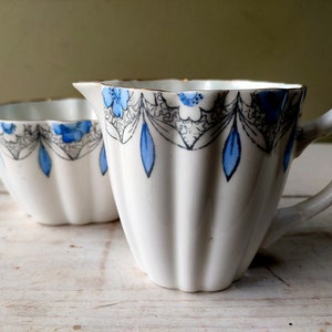 Lovely hand painted sugar bowl and creamer/milk jug by Mayer & Sherratt Melba Bone China. Blue Floral pattern and gold detail. Lovely gift image 1