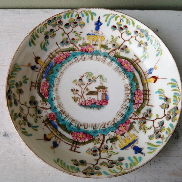 Belle soucoupe profonde antique Harvey Adams & Co à motif chinois. Années 1800, fine porcelaine translucide, motif chinoiserie.