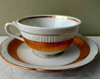 Lovely Vintage coffee/tea cup and saucer in gold and white by Chodziez. Bone china Demitasse. Perfect espresso cups. Wedding decor.