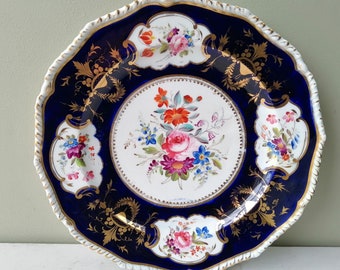 Stunning Antique Richard Bloor Royal Crown Derby Cobalt & Floral Hand-painted Plate. c 1810 Cobalt Blue, Gilt, Flowers.  Lovely gift.