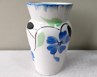 Lovely vintage hand painted blue floral vase. Art deco vase, Perfect for posy flower arranging. Lovely gift.