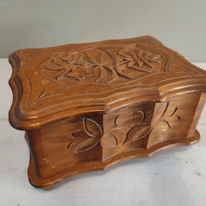 Beautiful hand carved Black Forest wooden musical box. A/F. Floral carving made in Germany. M. Burkli Jewellery box. Lovely gift.