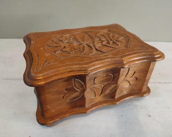 Beautiful hand carved Black Forest wooden musical box. A/F. Floral carving made in Germany. M. Burkli Jewellery box. Lovely gift.