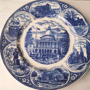 Gorgeous Vintage 10&quot; Jon Roth historical Boston Massachusetts dinner plate by Old English Staffordshire Ware. Blue and white, Lovely gift!