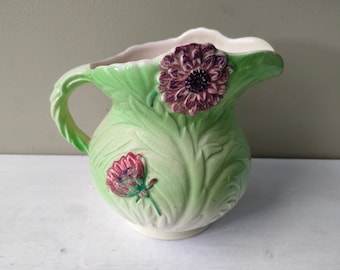 Gorgeous 1930's Shorter and Son 5" pitcher/milk jug. Vivid green leaf with yellow and pink flowers, moulded design. Lovely gift.