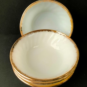 Set of 4 Vintage Fire King Fireking translucent white milk glass bowls. Durable, heatproof oven Ware. Perfect for dips, olives or serving.