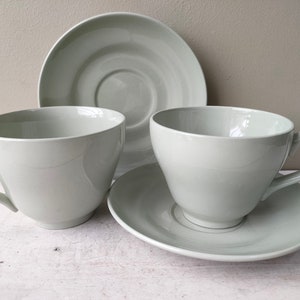 Pair of Spode Flemish Green teacups and saucers. Vintage Classic pale green mid century retro utility china. Lovely gift.