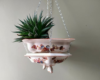 Lovely ceramic indoor or outdoor hanging basket/planter. Made from vintage Adams tureen, soup or vegetable dish with floral pattern.