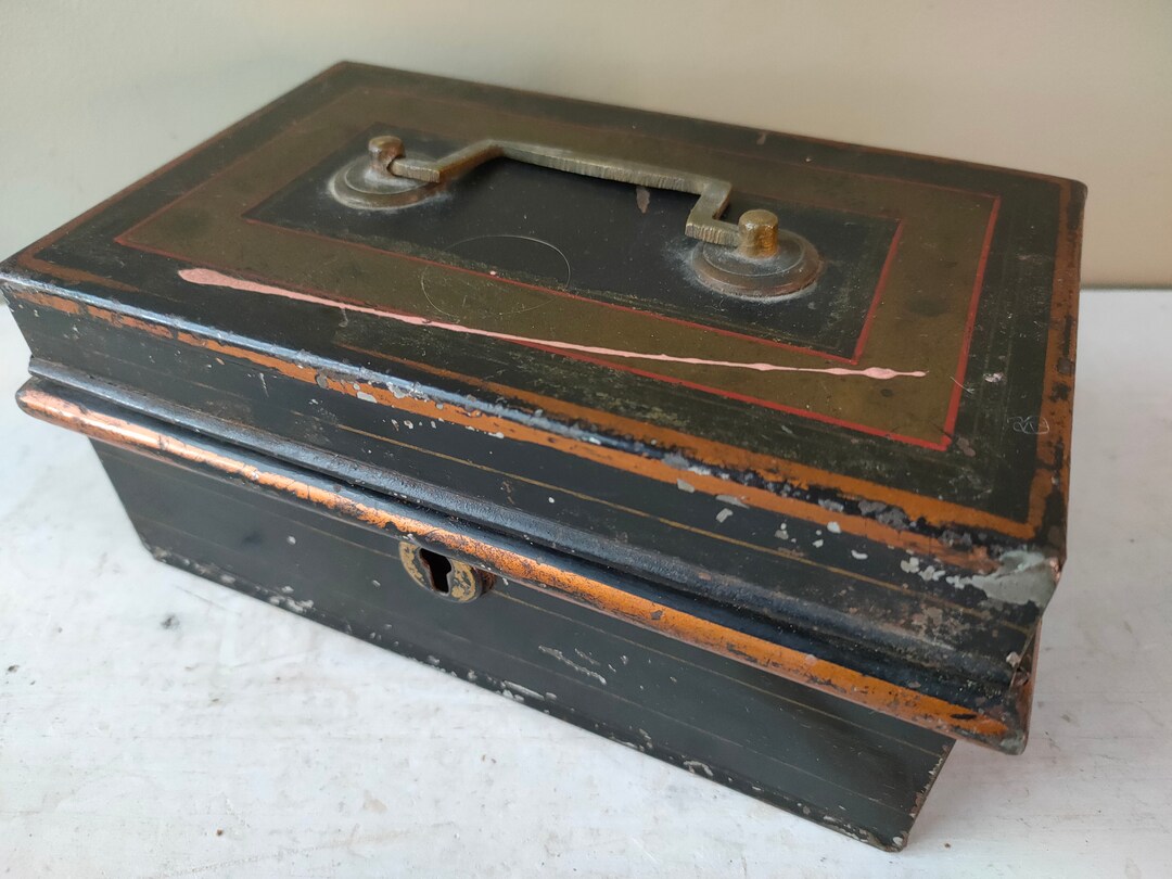 Vintage Black, Bronze and Gold Metal Money Tin, Cash Box or Lock Box ...