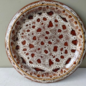 Peut inclure: Une assiette en céramique avec un motif tacheté. L'assiette présente une base blanche avec des taches marron et un bord marron. L'assiette a une finition brillante et convient pour servir des aliments.