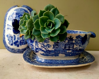 Gorgeous antique Griffiths, Beardmore & Birks Ironstone China sauce tureen and under plate C. 1830. Early transferware. Perfect planter