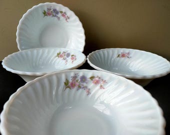 Pretty set of 4 Decopal  5 3/4" cereal/dessert bowls or serving dishes in milk/opal Heat proof glass with floral motif. Lovely gift!