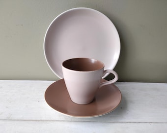 Vintage 1950's Poole Pottery Twintone trio. Mushroom and Sepia (C54) colours teacup, saucer, side plate. Mid century shape, lovely gift!